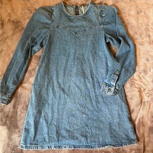 Free People Dress Womens 0 Blue Mini Denim Self Control Jean Puff Sleeve A Line